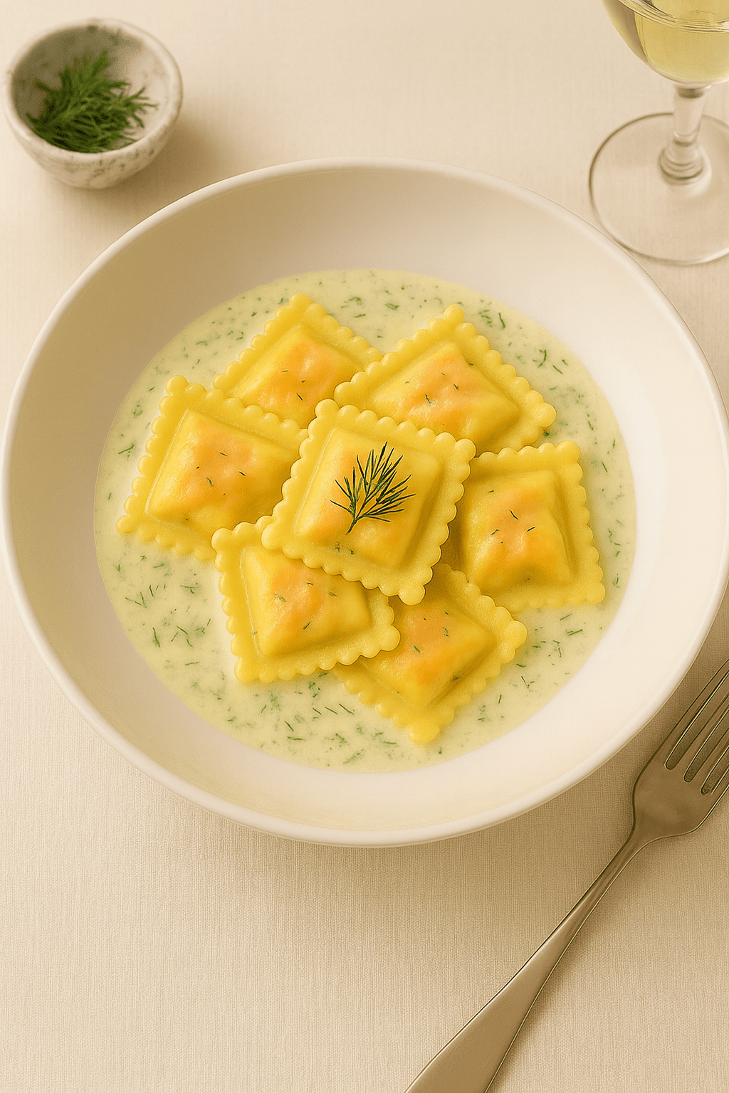 Ravioli saumon et ricotta servis dans une sauce à l’aneth crémeuse – plat gourmet Morini Pasta
