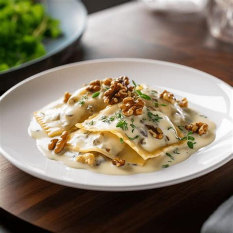 Assiette de ravioli aux champignons nappés de sauce gorgonzola crémeuse, décorés de noix et herbes fraîches.