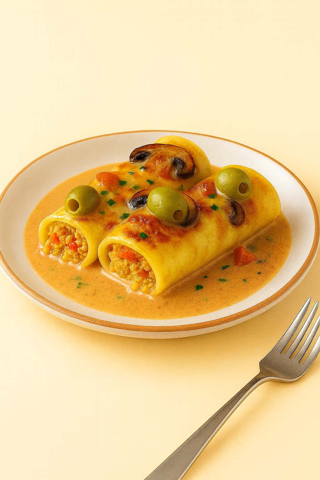 Cannelloni au poulet, olives vertes et champignons – Morini Pasta Cannelloni garnis de poulet, olives vertes et champignons, gratiné servis avec une sauce crémeuse