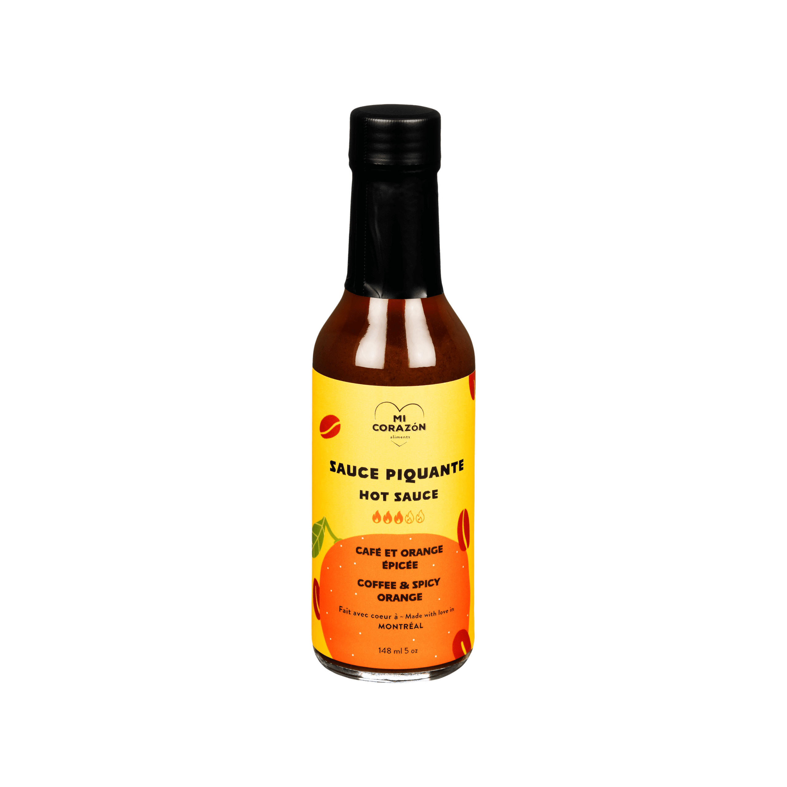 Sauce piquante Mi Corazón Café & Orange épicée Bouteille de sauce piquante Mi Corazón café et orange épicée