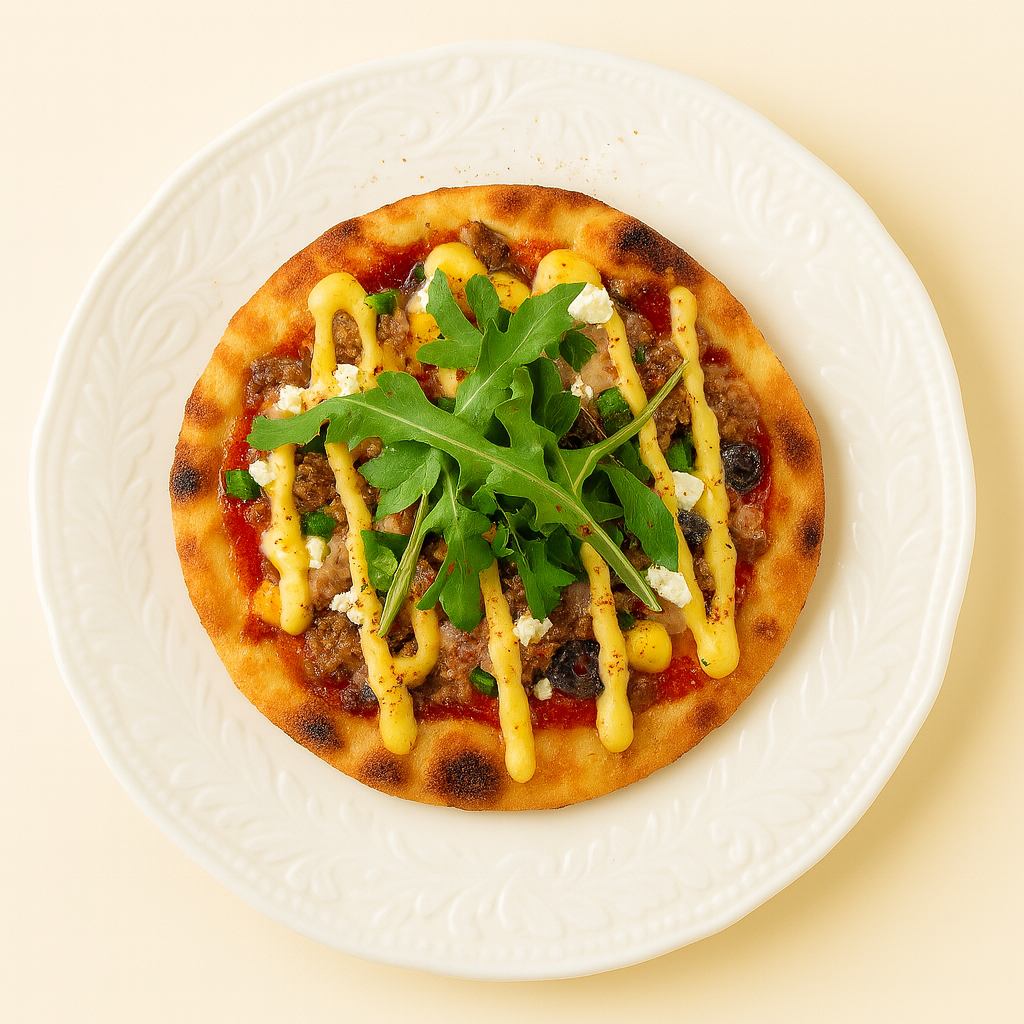 Pizza Bulgare sur pain naan avec cornichons, feta, câpres, roquette et viande aux épices – Morini Pizza Pizza bulgare garnie de cornichons, feta, câpres, roquette et viande aux épices bulgares avec sauce moutarde miel et ail
