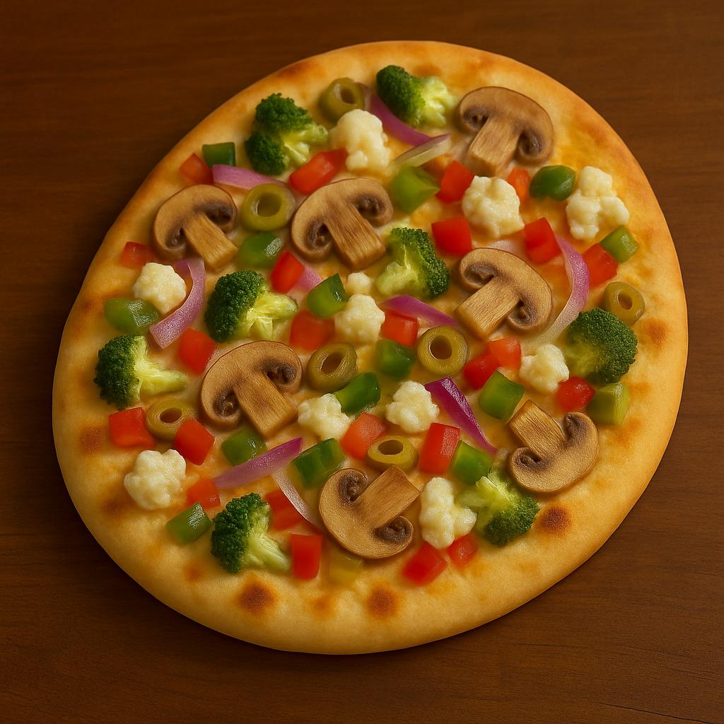 Pizza Classique Végétarienne Morini Pasta Pizza végétarienne sur pain naan garnie de brocoli, chou-fleur, champignons, poivrons verts et rouges, oignons rouges et olives vertes – Morini Pasta.