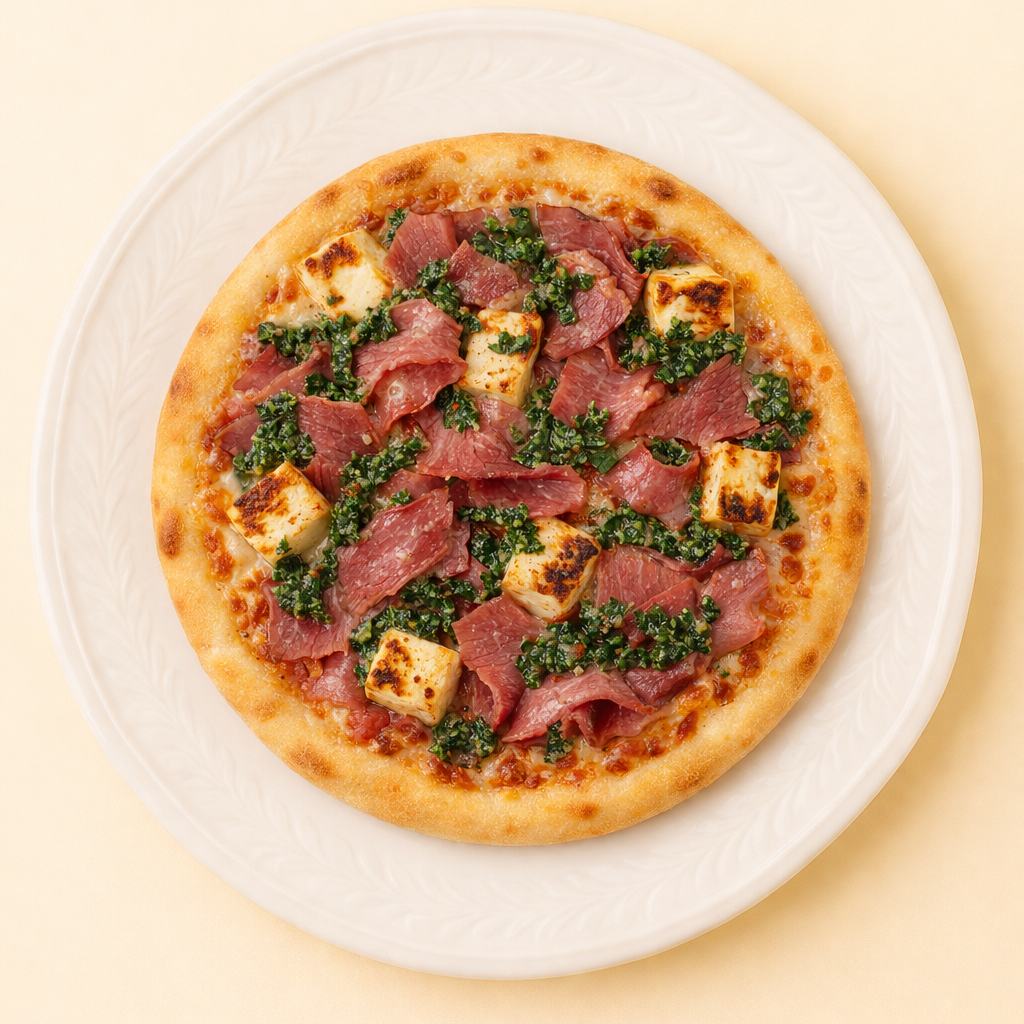 Pizza au Smoke Meat, Halloumi Grillé et Chimichurri – Morini Pasta (2) Pizza garnie de smoke meat en carpaccio, halloumi grillé et chimichurri sur pâte cuite au four