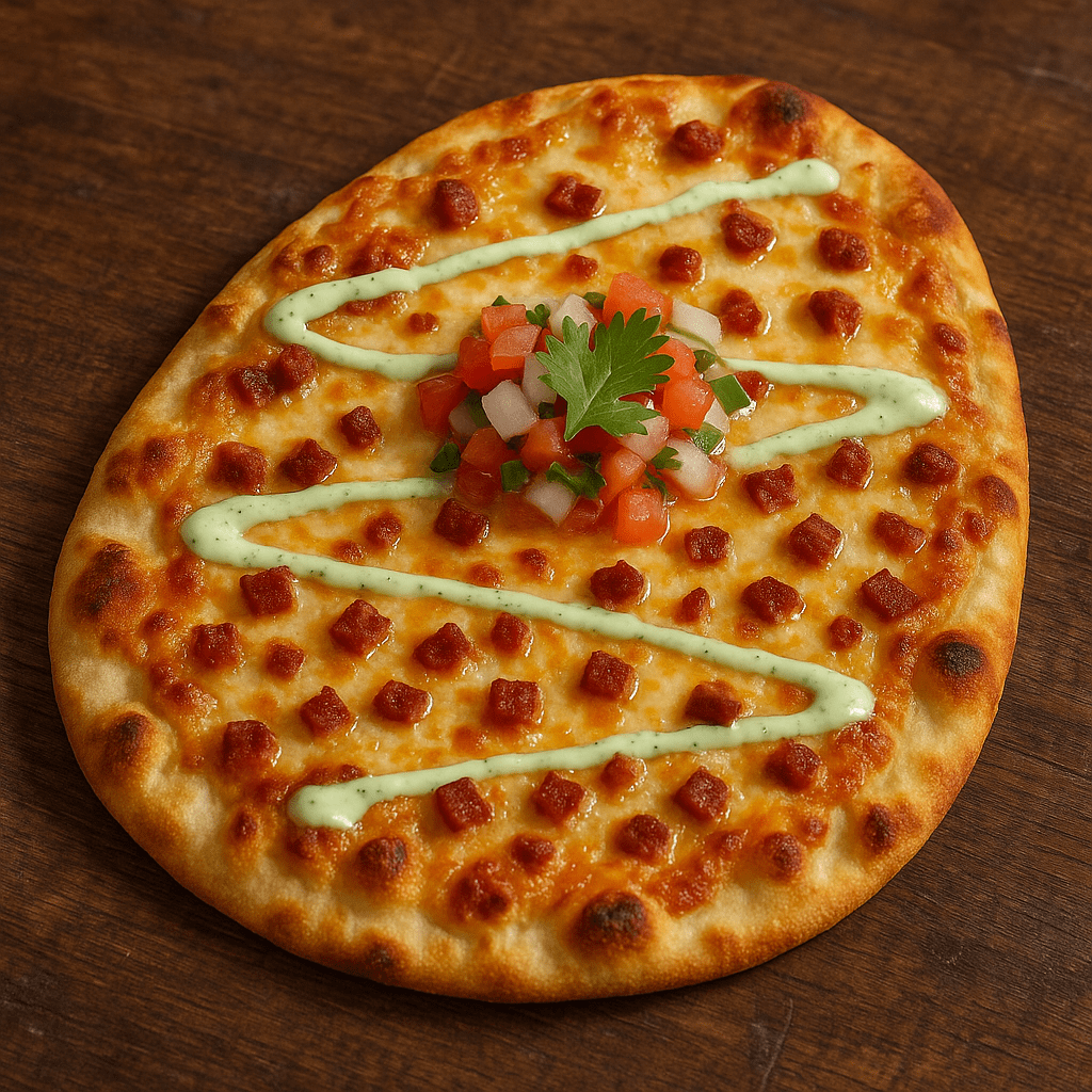 Pizza naan style mexicaine avec chorizo en cubes et pico de gallo frais Pizza sur pain naan garnie de fromage gratiné, petits cubes de chorizo, un pico de gallo coloré et une crème lime-coriandre