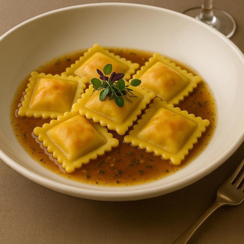 Ravioli Surf N Turf servis dans un bouillon raffiné – présentation gastronomique restaurant