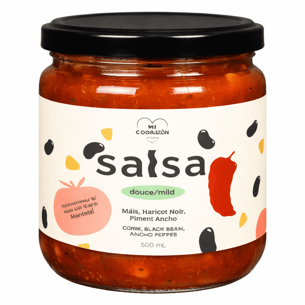 Salsa Mais Douce Mi Corazon Morini Pasta Pot de salsa douce Mi Corazón de 500 ml, avec maïs, haricots noirs et piment ancho, fait à Montréal.