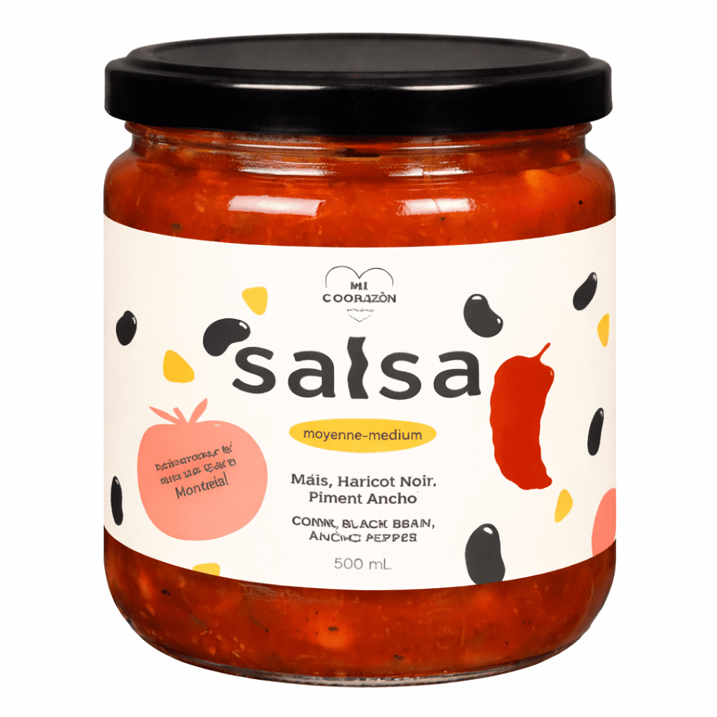 Salsa Mi orazon Médium Morini Pasta Pot de salsa medium Mi Corazón de 500 ml, avec maïs, haricots noirs et piment ancho, fait à Montréal.