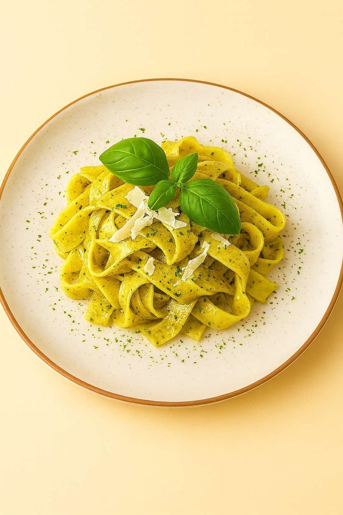 Assiette de tagliatelles au pesto garnies de basilic frais et copeaux de parmesan
