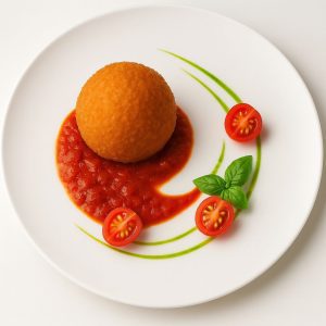 Arancini servi avec sauce tomate, tomates cerises et basilic sur une assiette blanche, présentation méditerranéenne.