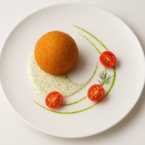 Arancini saumon fumé servi avec sauce crémeuse à l’aneth, tomates cerises.