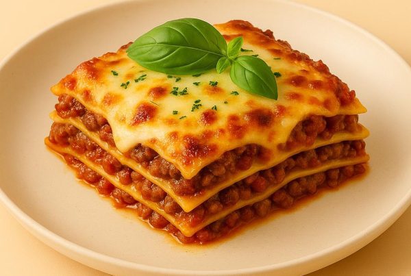 Lasagne fraîches Morini Pasta servies en portion gourmet avec sauce bolognaise riche et fromage gratiné doré.