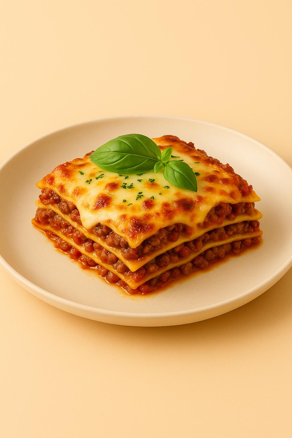 Lasagne fraîches Morini Pasta servies en portion gourmet avec sauce bolognaise riche et fromage gratiné doré.