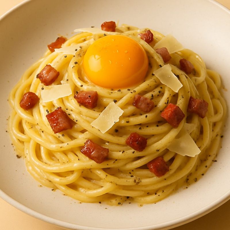 Assiette de linguini carbonara garnie d’un jaune d’œuf, pancetta et parmesan, présentation gastronomique.