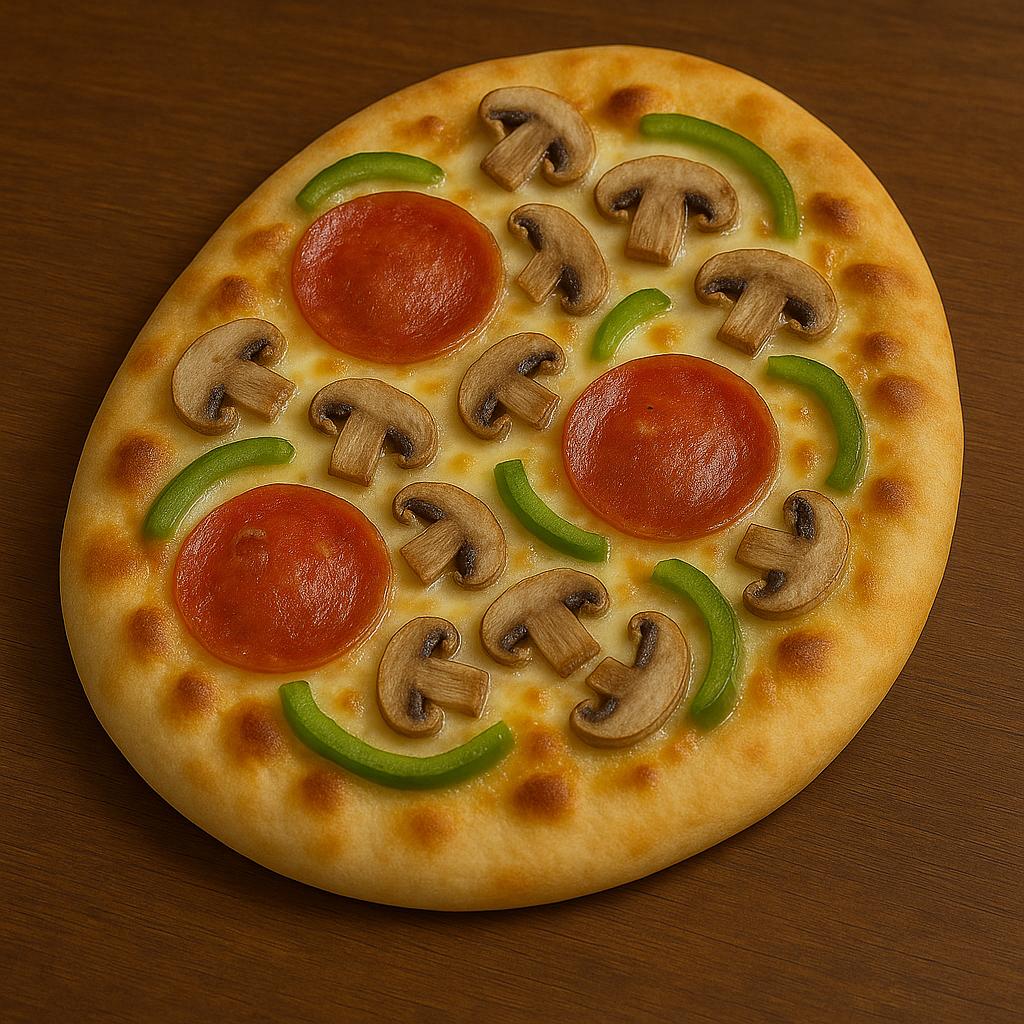 Pizza Classique Italienne Garnie – Morini Pasta Pizza italienne garnie de pepperoni, champignons et poivrons verts sur pâte naan avec fromage gratiné – Morini Pasta