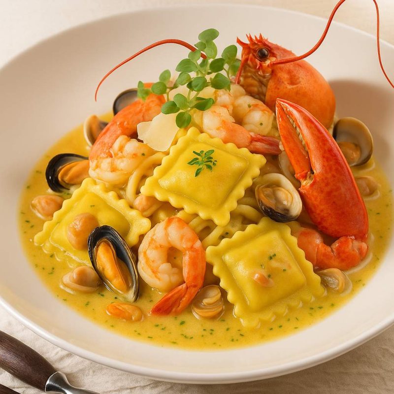 Assiette raffinée de ravioli bœuf tomates basilic servie en sauce fruits de mer avec homard, crevettes et moules, plat gourmet Morini Pasta.