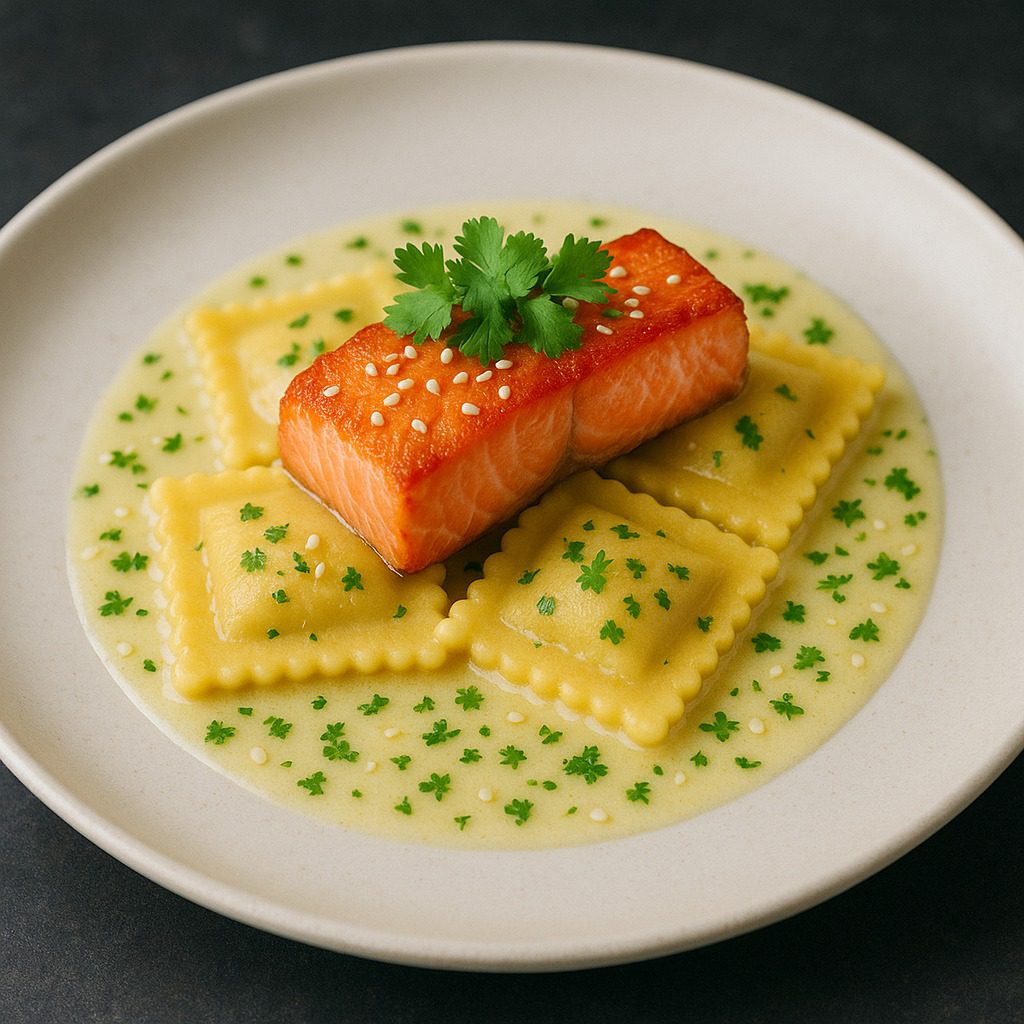 Plat de ravioli saumon citron et coriandre Morini Pasta, servi avec un pavé de saumon rôti et un beurre blanc citronné.