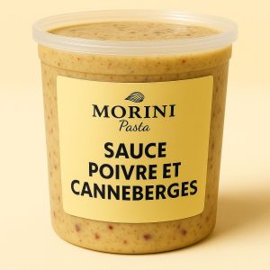 Contenant de sauce poivre et canneberges Morini Pasta, idéale pour raviolis au canard.